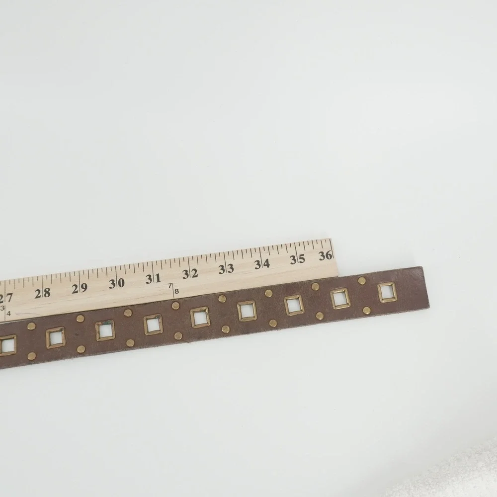 Studded Leather Belt Women 32-34 Brown Square Grommet Solid Brass Buckle